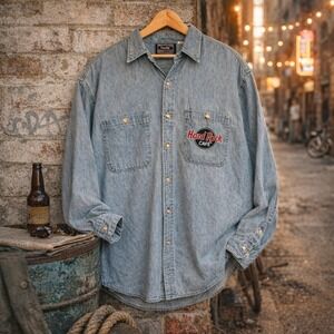 Vintage 90s Hard Rock Cafe Nashville Denim Shirt Size XL Button Down Embroidered
